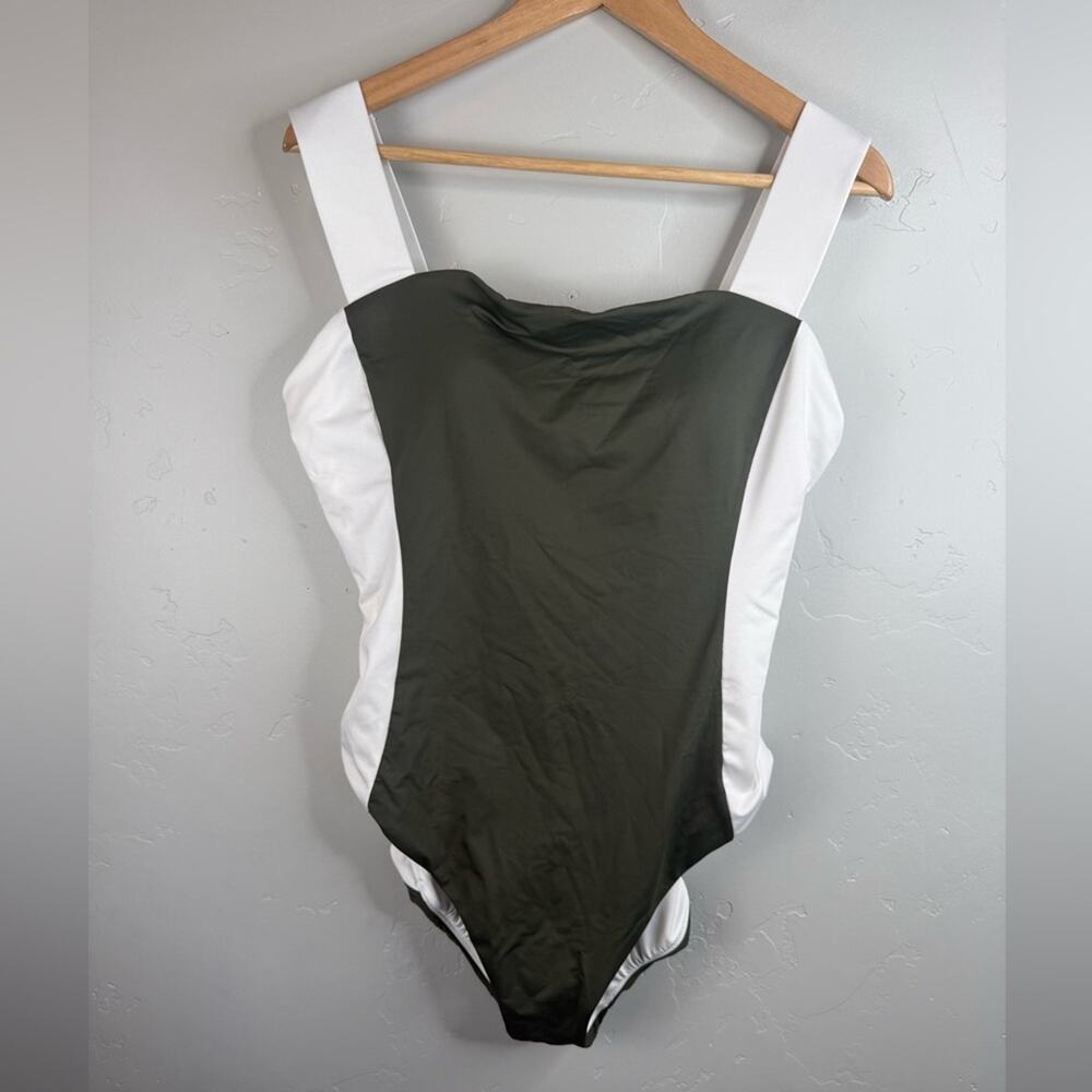 NEW Lands' End Square Neck High Leg Olive Green and White One Piece Swimsuit 16 - Picture 4 of 13